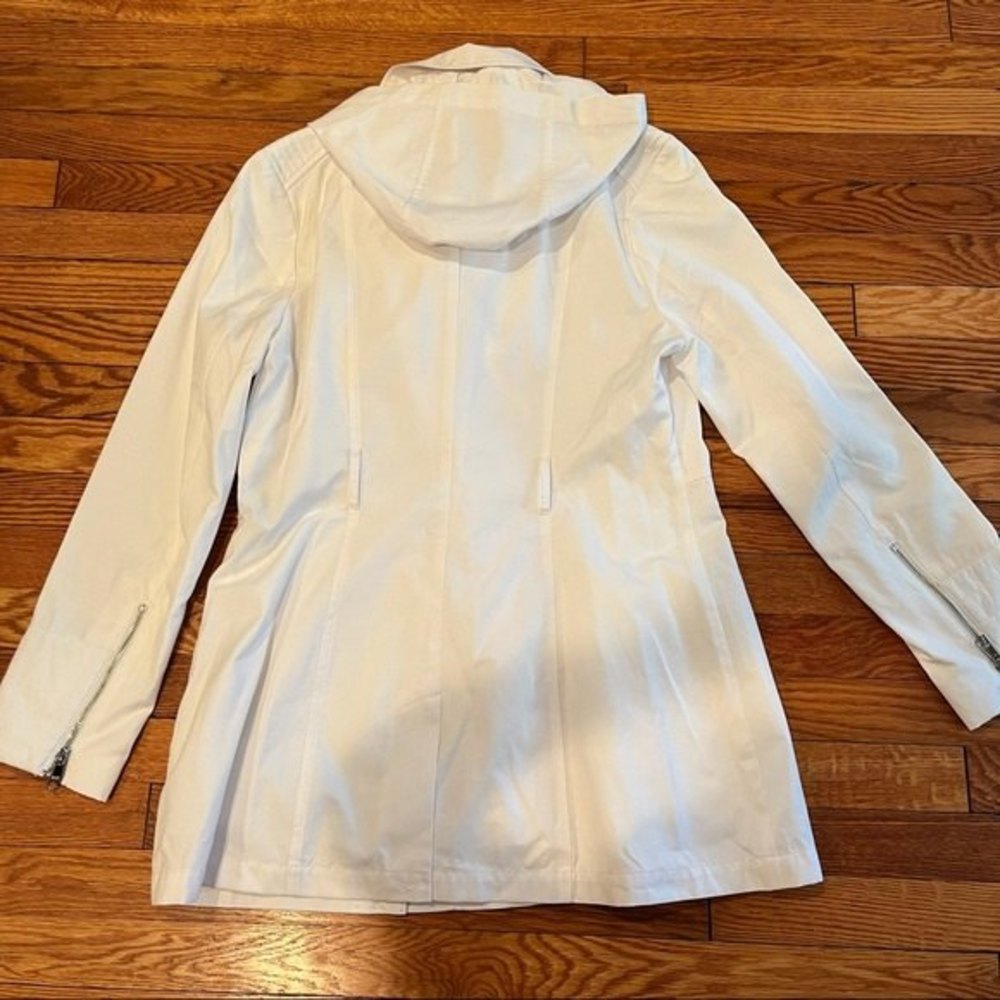Black Rivet White Long Trench Coat with Removable Hood Large - Picture 7 of 10
